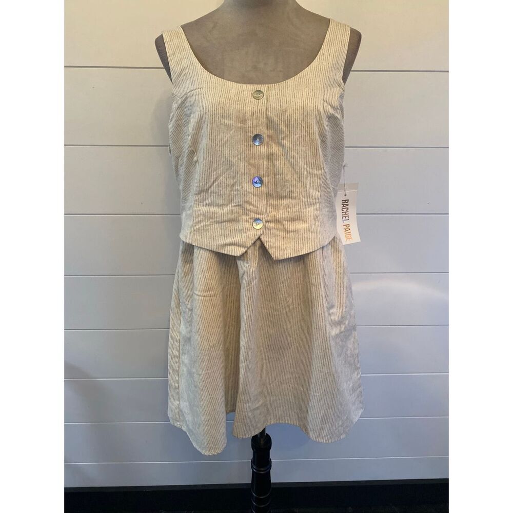 Rachel Paige Light Beige Striped Linen-Blend Dress with Button Front Sz XL NWT